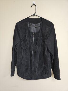 Suede Leather Fringe Western Black Zip Up Jacket